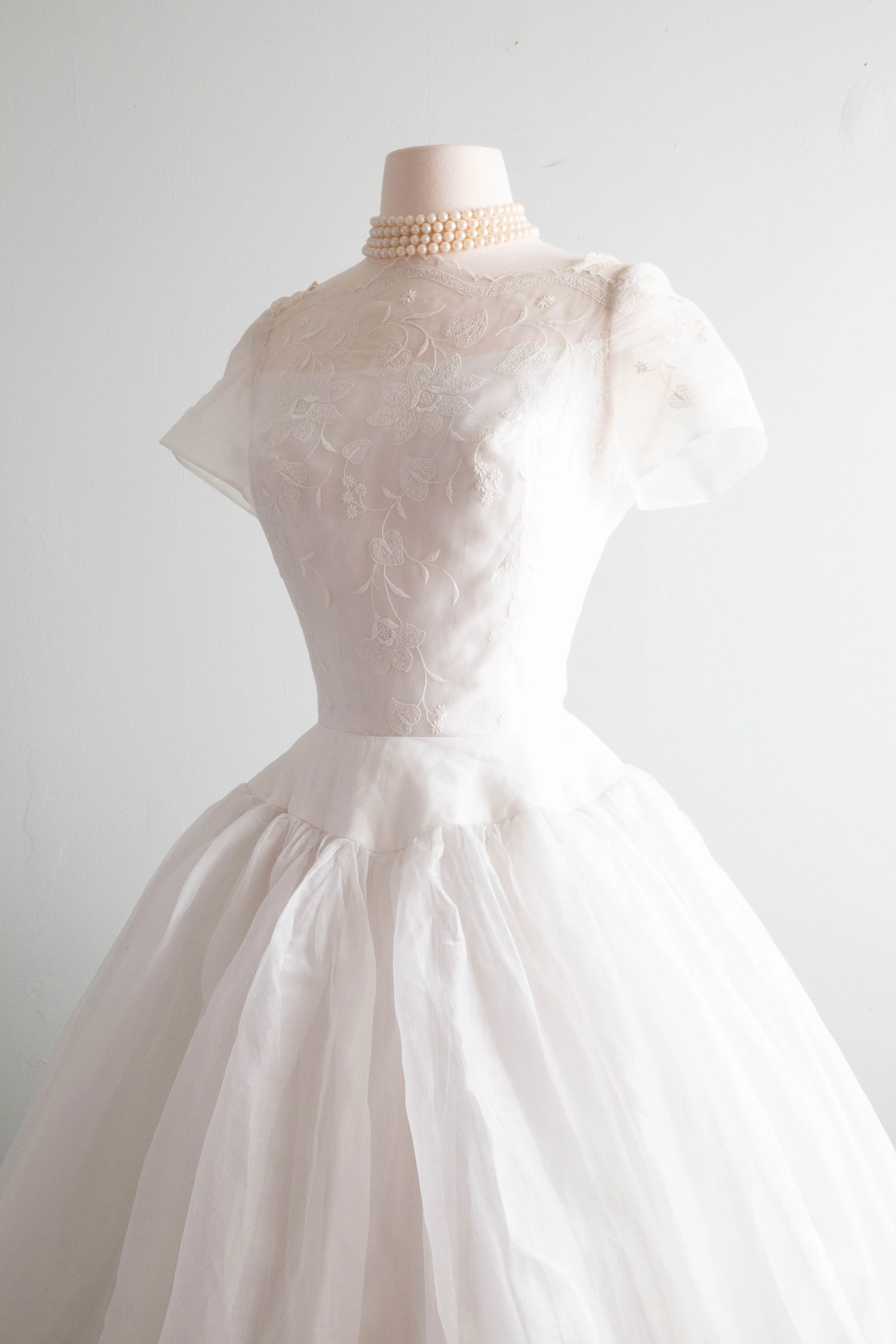 A Dream Come True 1950's William Cahill Embroidered Cotton Organdy Wedding Dress / SM