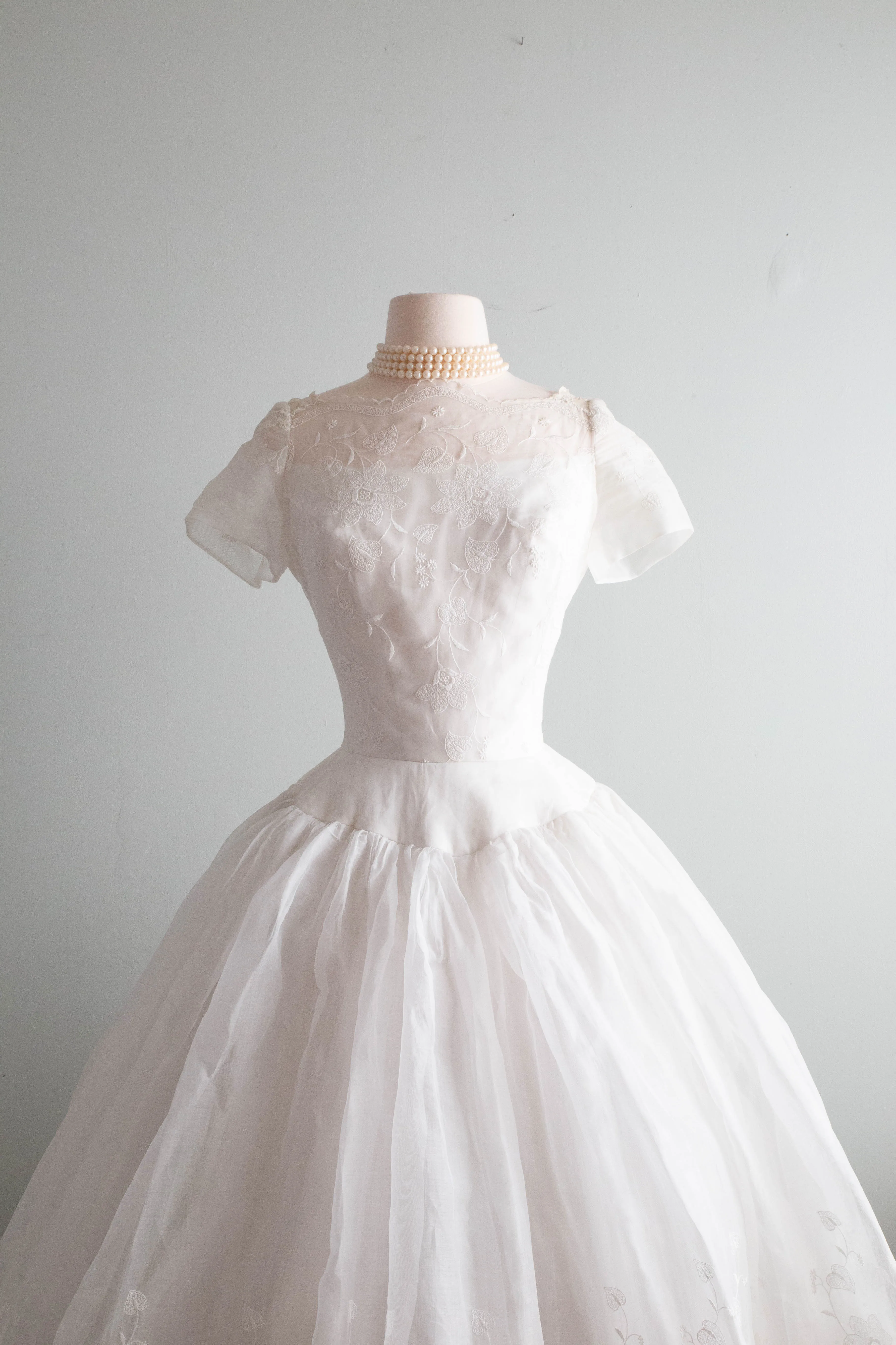 A Dream Come True 1950's William Cahill Embroidered Cotton Organdy Wedding Dress / SM
