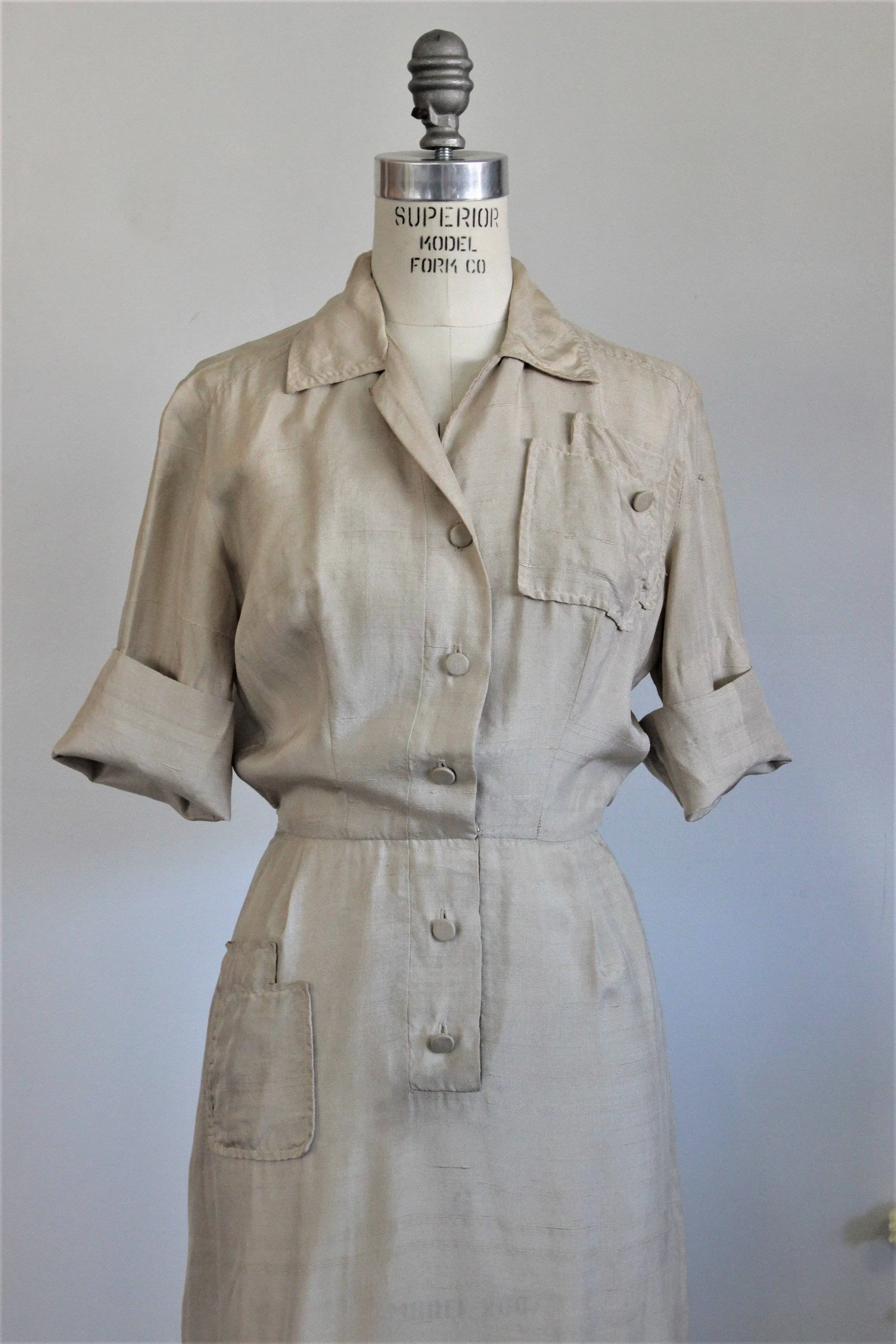 Vintage 1950s Khaki Silk Shirtwaist Dress, Alexanders of California Dress