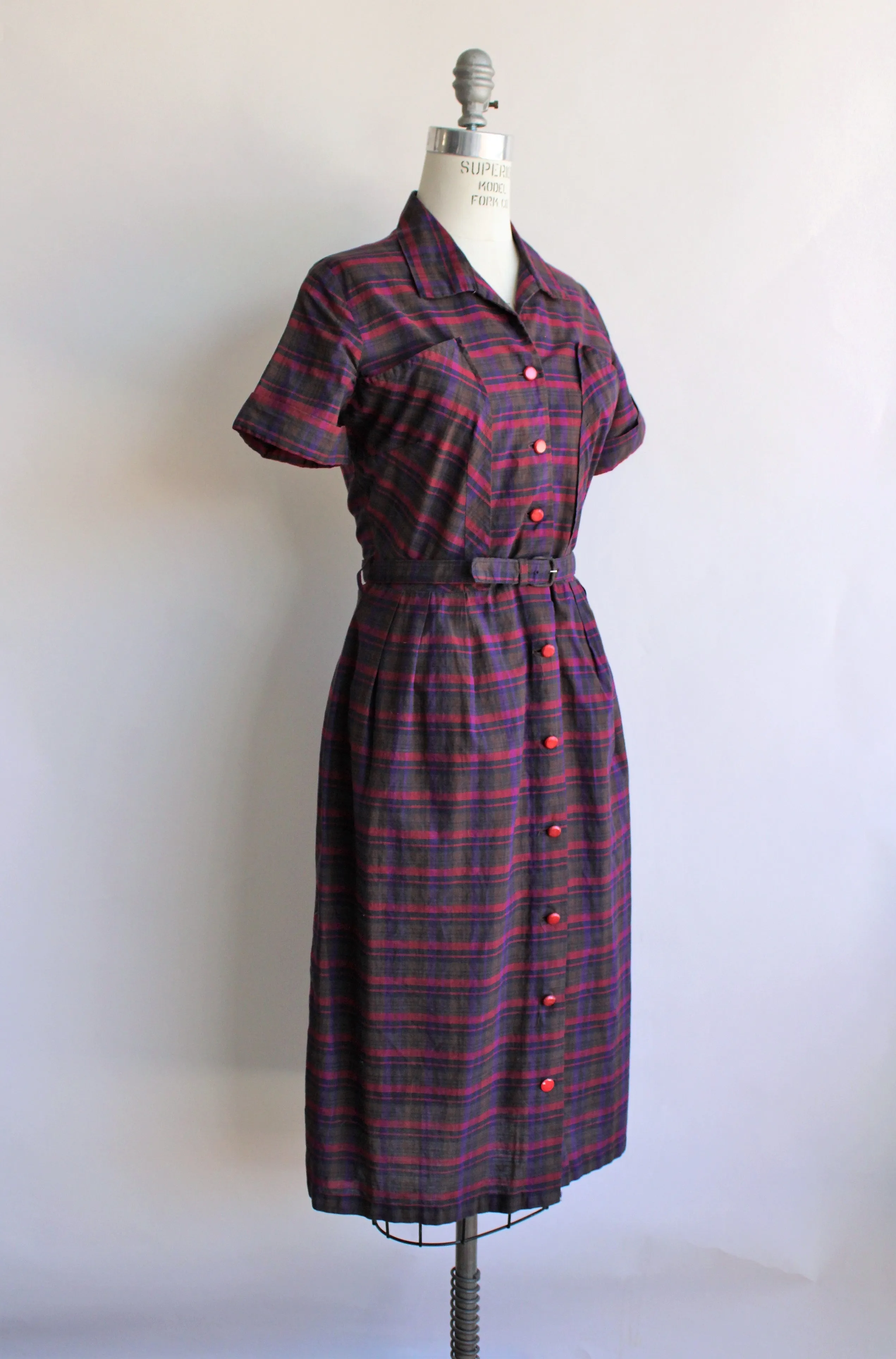 Vintage 1950s Plaid Dress with Belt