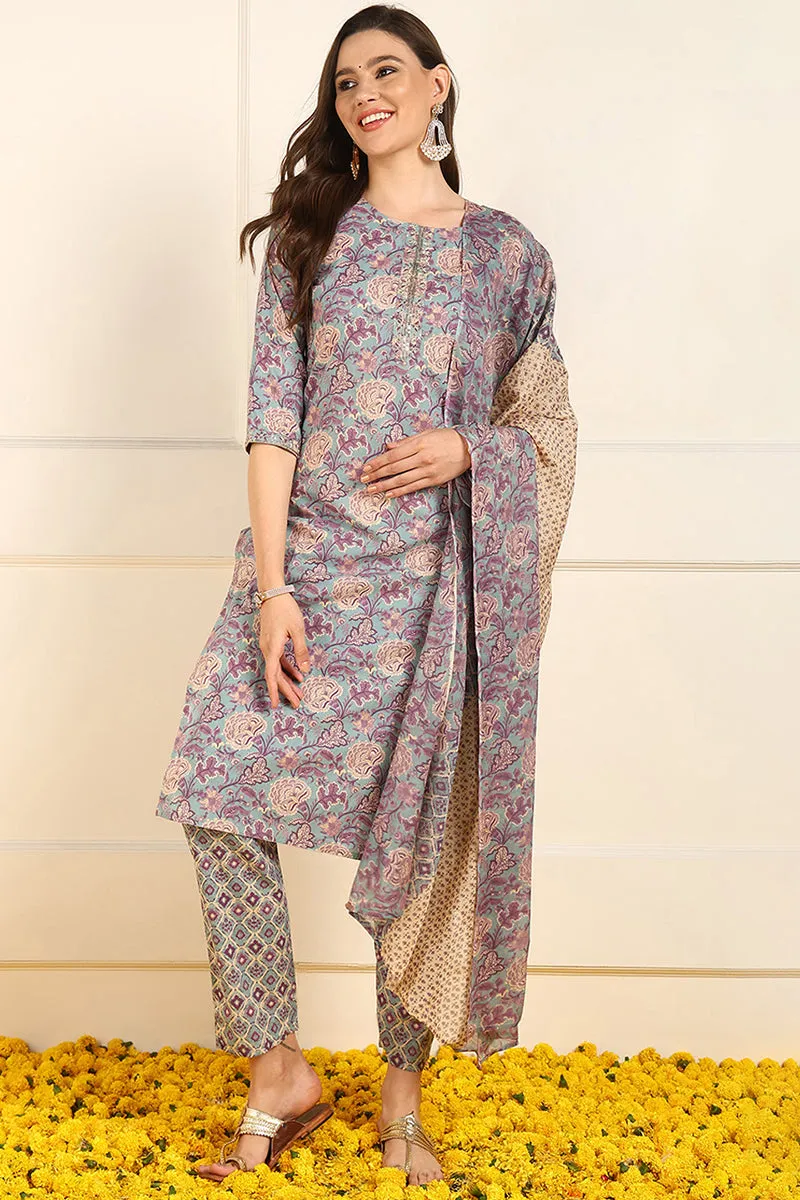 Violet Pure Cotton Floral Embroidered Straight Suit Set