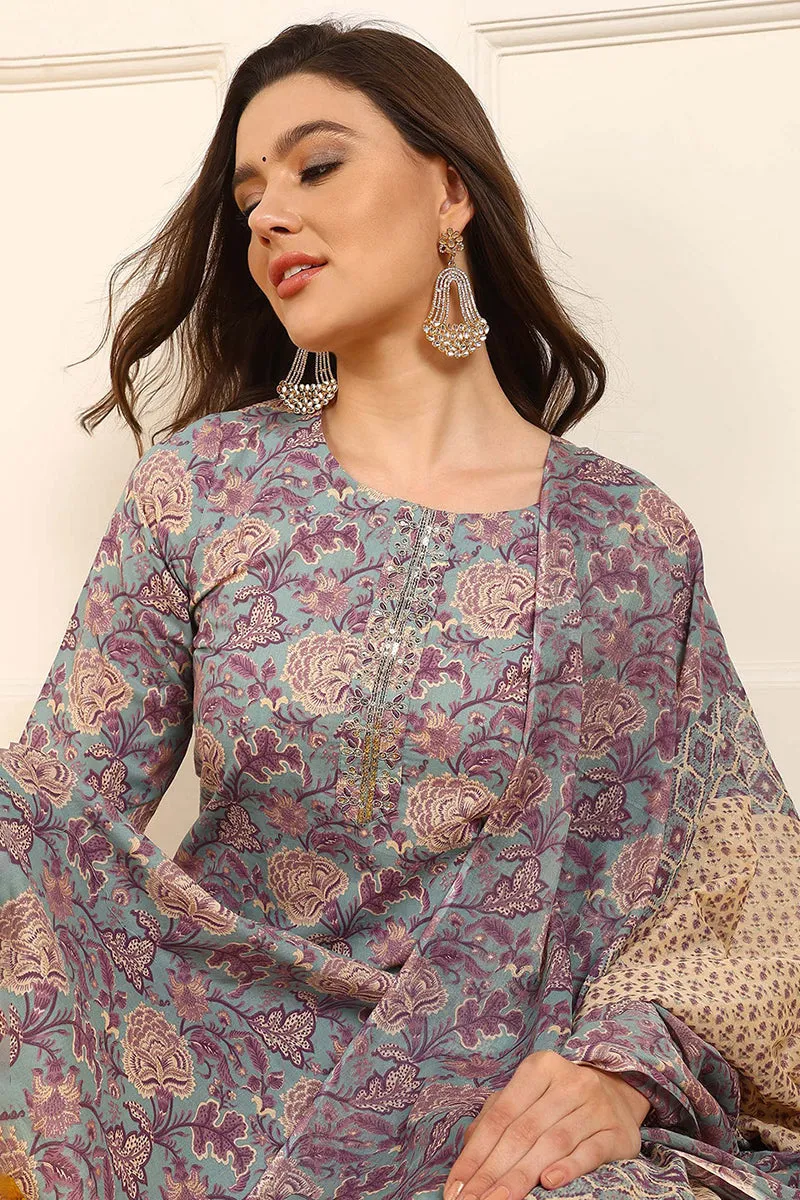 Violet Pure Cotton Floral Embroidered Straight Suit Set
