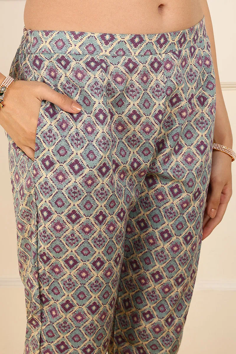 Violet Pure Cotton Floral Embroidered Straight Suit Set