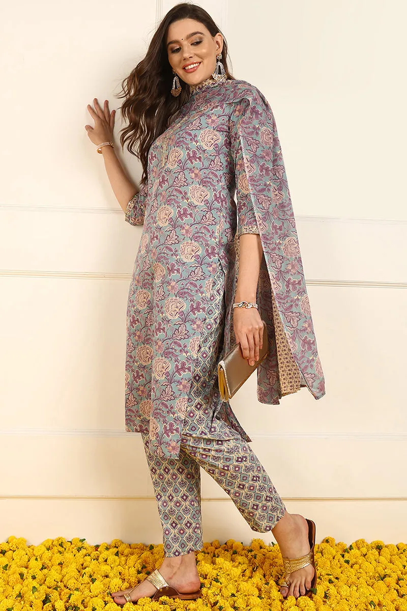 Violet Pure Cotton Floral Embroidered Straight Suit Set