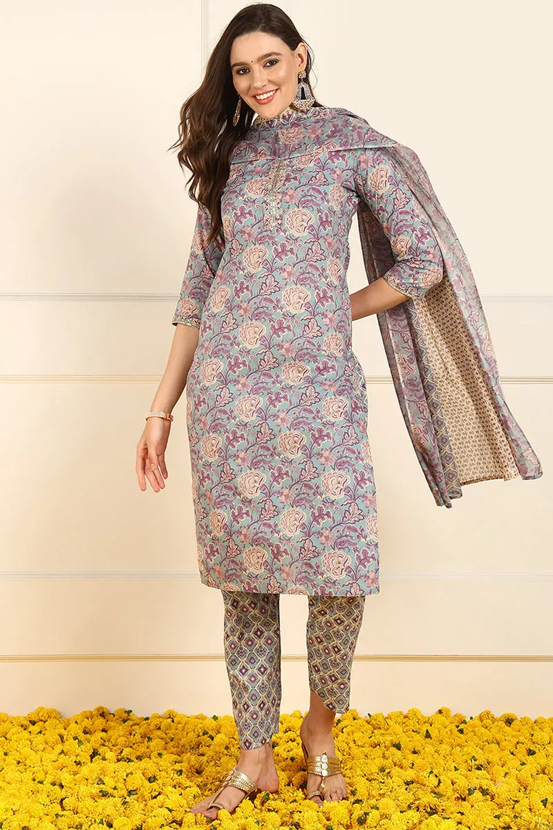 Violet Pure Cotton Floral Embroidered Straight Suit Set