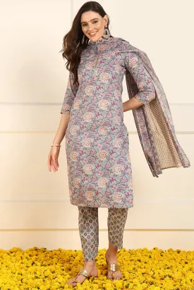Violet Pure Cotton Floral Embroidered Straight Suit Set